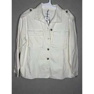 Camaieu Women's White Denim Utility Jacket Button Front Long Sleeve Size M